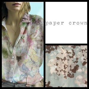 Paper Crown 100% Silk Abstract Watercolor Chiffon Blouse~Sage and Brown